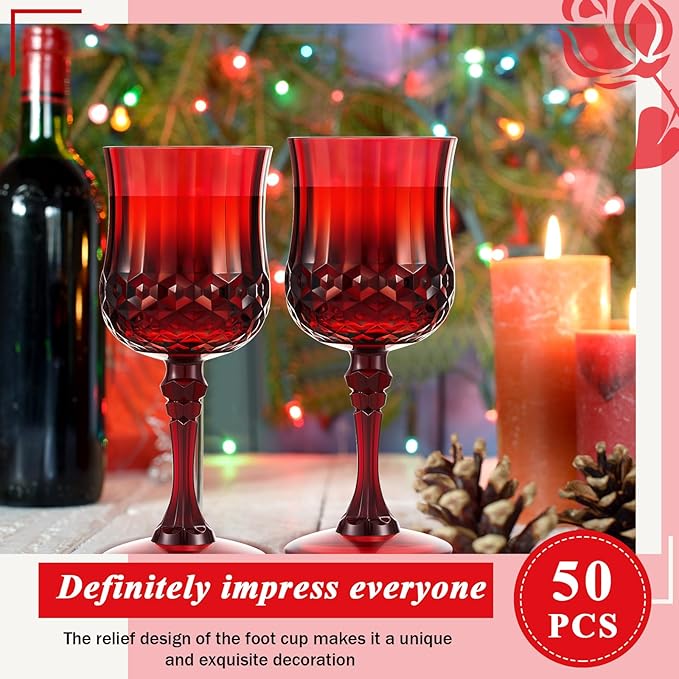 Pinkunn 50 Pcs 7 oz Plastic Vintage Wine Glasses Reusable Colored Goblets Patterned Drinking Water Glasses Cup Dishwasher Safe for Valentine's Day Wedding Reception Party Supplies (Red)