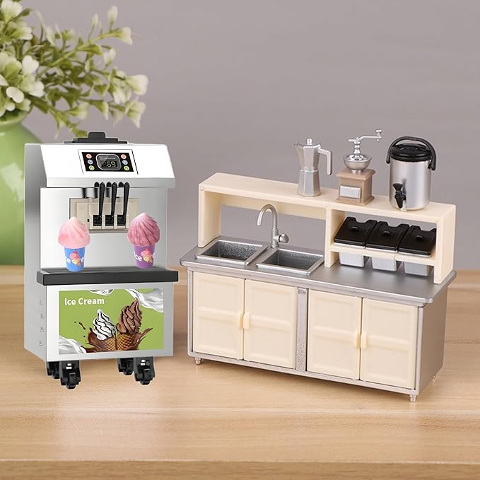 3Pcs Miniature Ice Cream Set – 1:12 Scale Realistic Mini Ice Cream Machine & 2 Ice Creams – Cute Dollhouse Dessert Accessories for DIY Micro Scenes, Mini Store, Kitchen & Dining Décor & Craft Projects