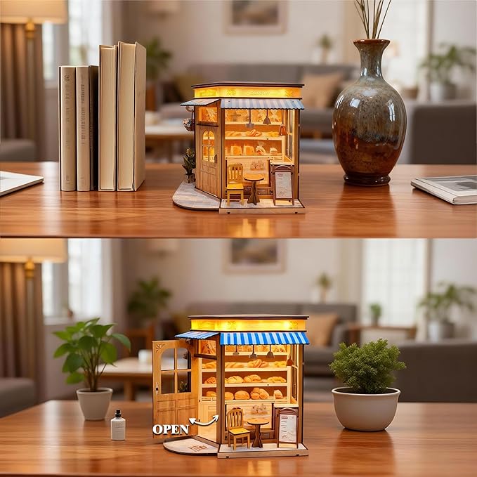 DIY Miniature House - LED Lighting Book Nook Kit Dollhouse Kit for Adults and Teens, Book Nook Tiny House Bookshelf 3D Wooden Puzzle, Gifts for Family Friends (Bakery)