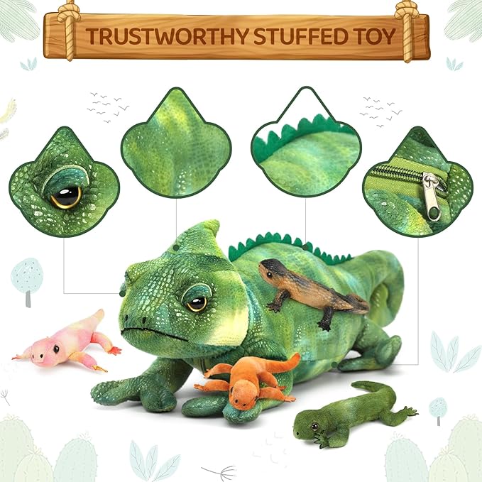 5Pcs Giant Lizard Plush, 27" Mother Iguana Stuffed Animal with 4 Baby Lizard Plushies, Bearded Dragon Plush Toy for Kids Boys Girls, Stuffed Chameleon for Christmas Birthday Gift