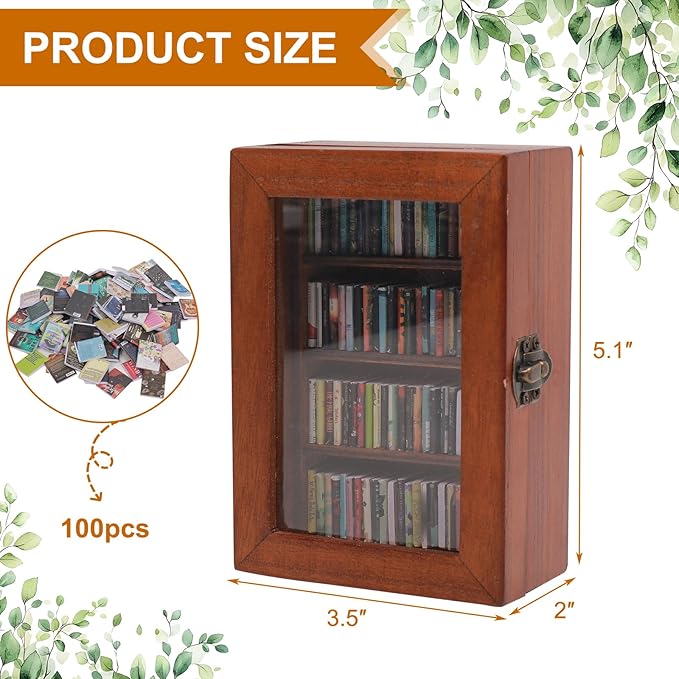 Anxiety Bookshelf With 100pcs Miniature Books | Shake Away Your Anxiety Mini Wood Rustic Book Library | Decorative Gift for Book Lovers (Brown)