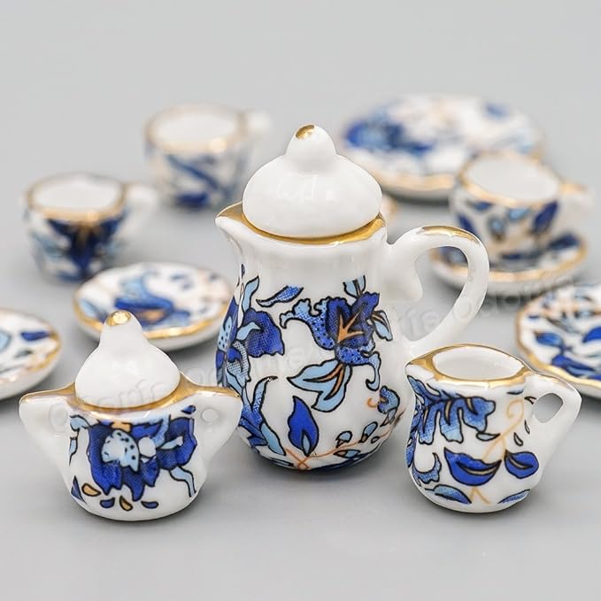 Odoria 1:12 Miniature 15Pcs Blue Porcelain Chintz Tea Cup Set (Blue)