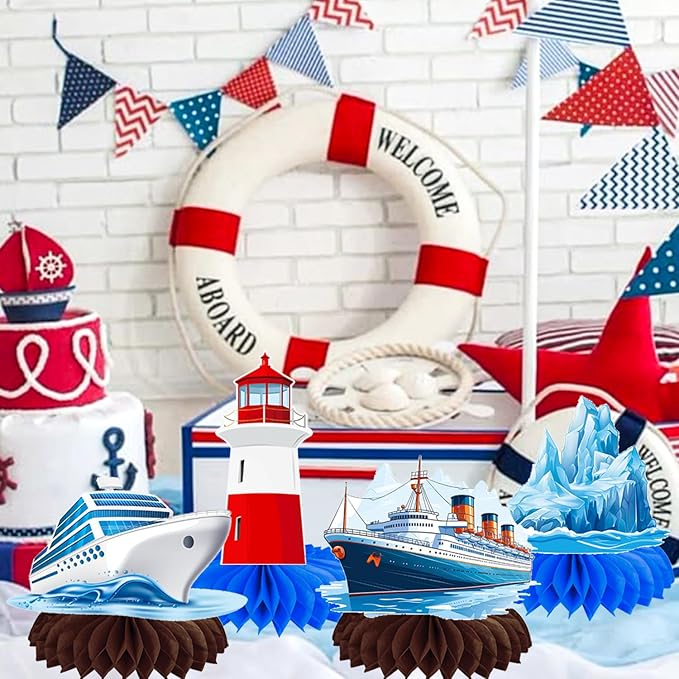 Nautical Ship Honeycomb Centerpieces 12Pcs Nautical Party Table Decorations Lighthouse Anchor Centerpieces Iceberg Sailor Birthday Party Decorations for Sailing Theme Party Supplies