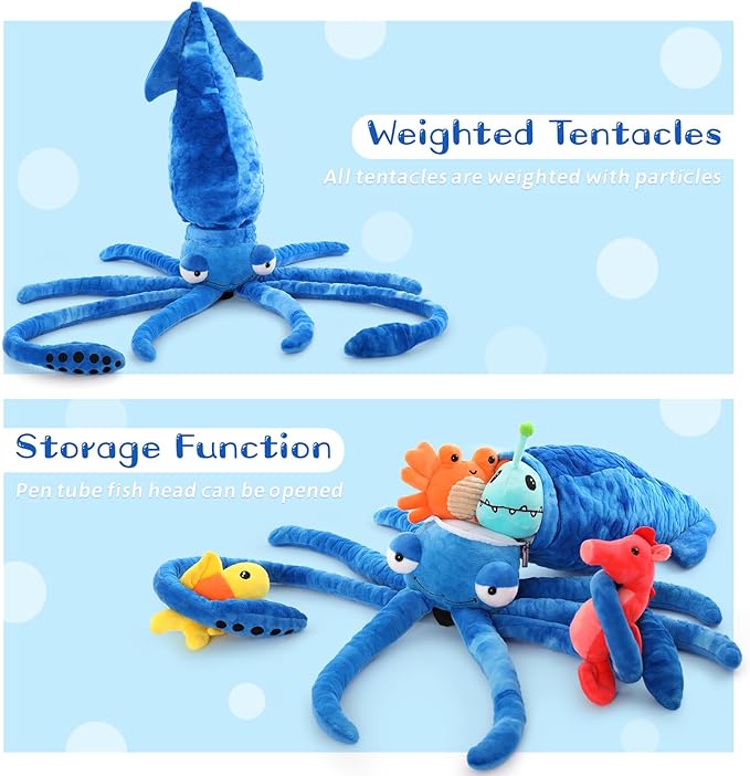 5Pcs Giant Squid Stuffed Animal 41.3" with Small Marine Clownfish,Crab, Seahorse, Angler Fish Baby Plush Toys, Adorable Bulk Ocean Animal Plushies Gifts for Squid Toys Lover,Kids,Boys,Girls
