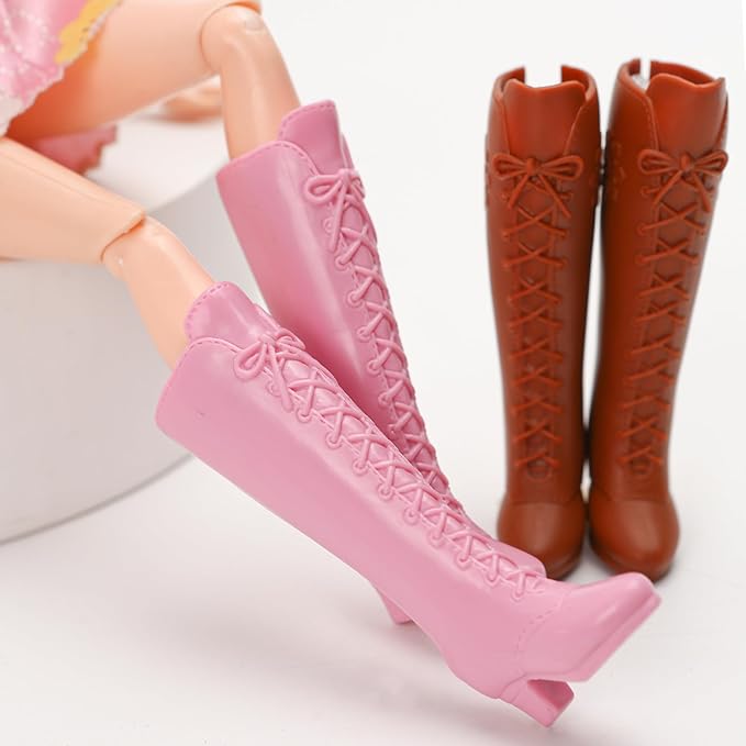 2 Pairs Doll Boots Shoes Wear Clothes Outfit Handmade Costumes Replacement for 1/6 Doll Fashionable Cowboy Wearing Fashion (Pink and Brown)