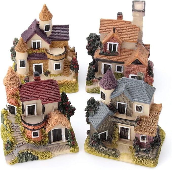 Avtytsda Resin Miniature House 4PCS Miniature House Fairy Gardening Micro Landscape Village Stone House Bonsai Terrarium Crafts Ornaments Accessories Home Decoration (A)