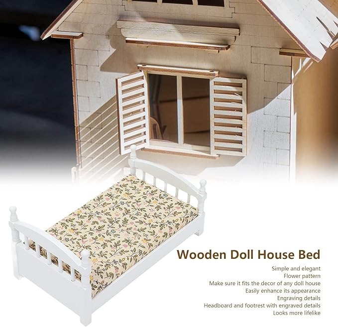 Wooden Doll House Bed 1: 12 Scale Miniature Bedroom Furniture Set with Mattress Pillows
