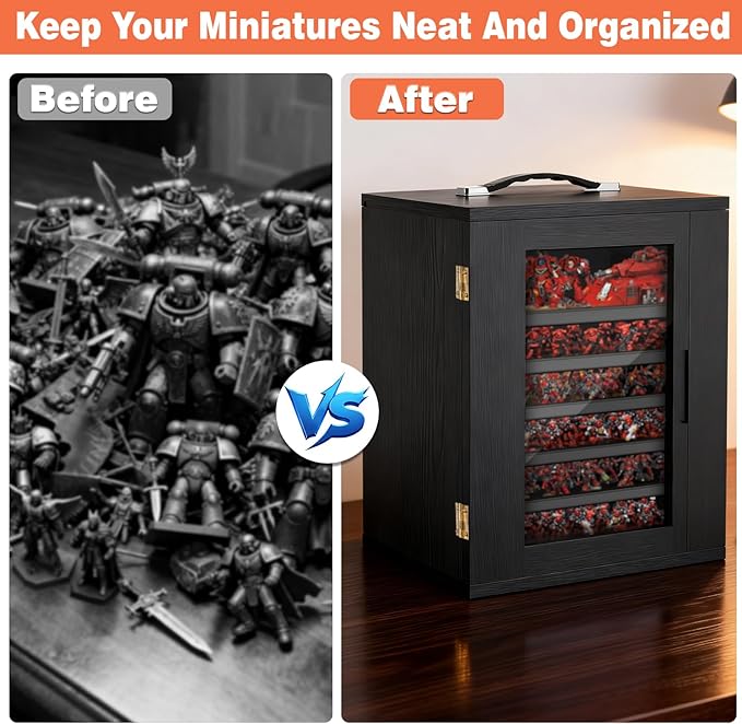 Miniature Storage Case for Collectibles, Miniature Display Cases with Magnetic Door and 6 Trays, Clear View Miniatures Transport Case (Black)