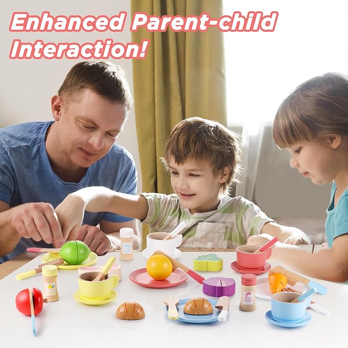 GAGAKU Wooden Play Dishes and Plates for Kids Kitchen Set 27 PCS Montessori Wood Play Kitchen Accessories Kitchen Toy for Toddlers Wooden Play Cooking Set for 3-8 Years Girls and Boys