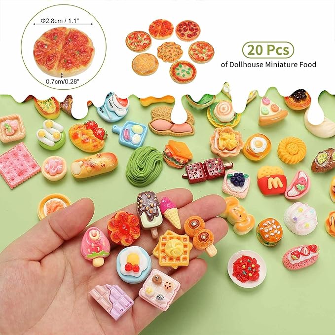 Dollhouse Miniature Food, Cute Mixed Pizza Figures Toys Mini Resin Foods Trinkets for Pretend Play Kitchen Cooking Game & Doll House Decor (Mixing Colors, 20pcs)