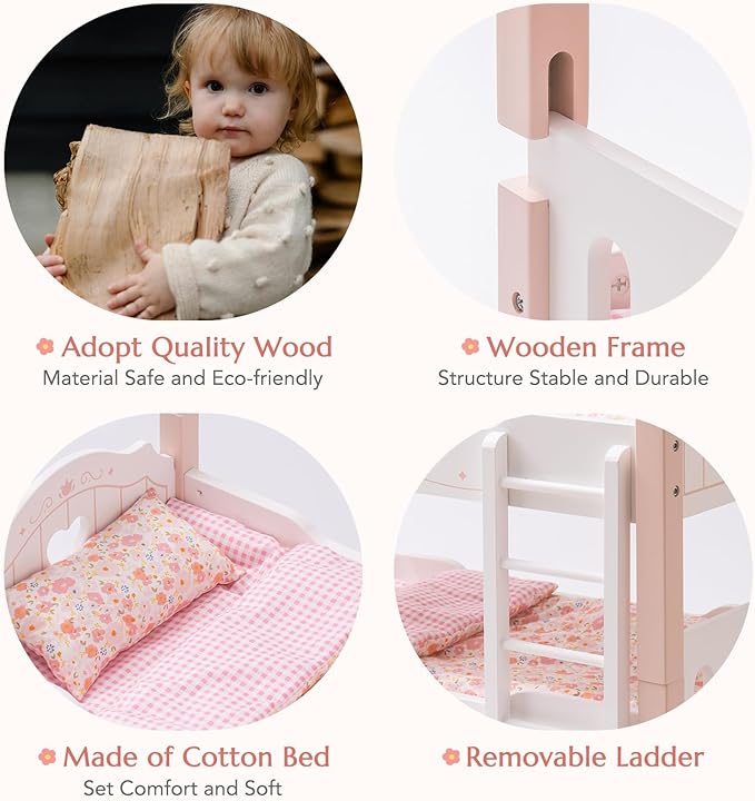 ROBOTIME Baby Doll Bunk Beds, Wooden Baby Doll Crib, Stackable Doll Bed Toy, High18 inch Dolls Furniture Fits American Girl 3+ (Pink, 2 Pcs Beds)