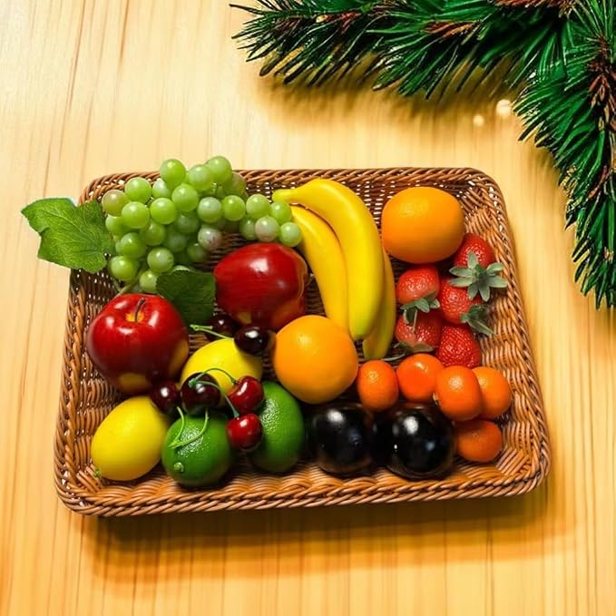 27pcs Fake Mixture Fruits for Home Decor Artificial Fruit Decorations Faux Artificial Lemon Grapes Banana Orange Red Apple Black Plum Fake Strawberry Plastics Cherry