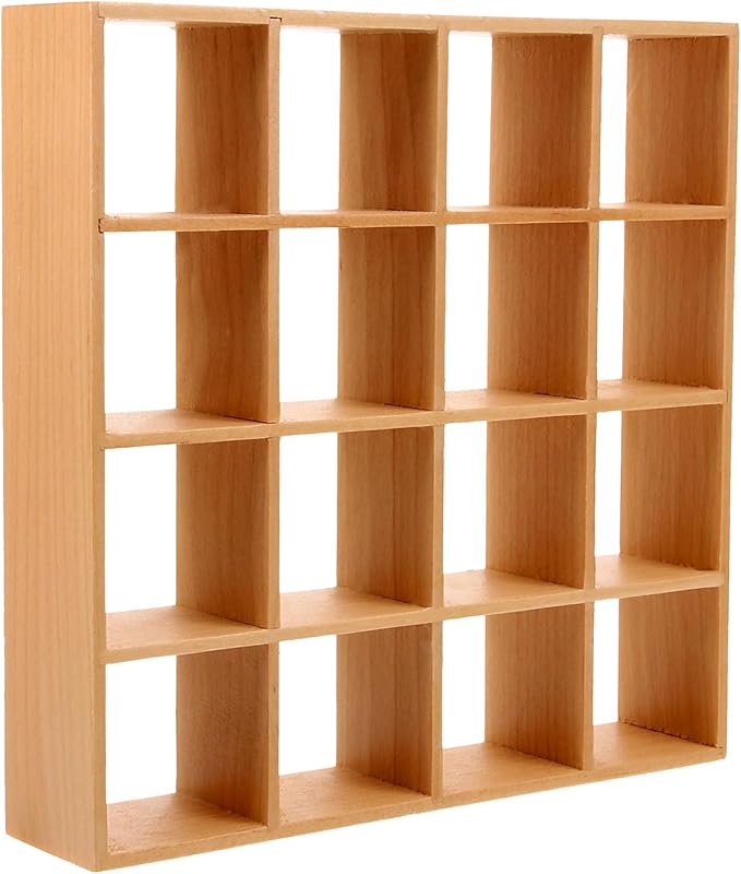 Dollhouse Miniature Wooden Storage Rack 16 Grid Shelves Doll House Wall Rack Bookshelf Display 1/12 Dollhouse Furniture Accessories Miniature Dollhouse Rack (6.69 * 6.69 * 1.38inches)