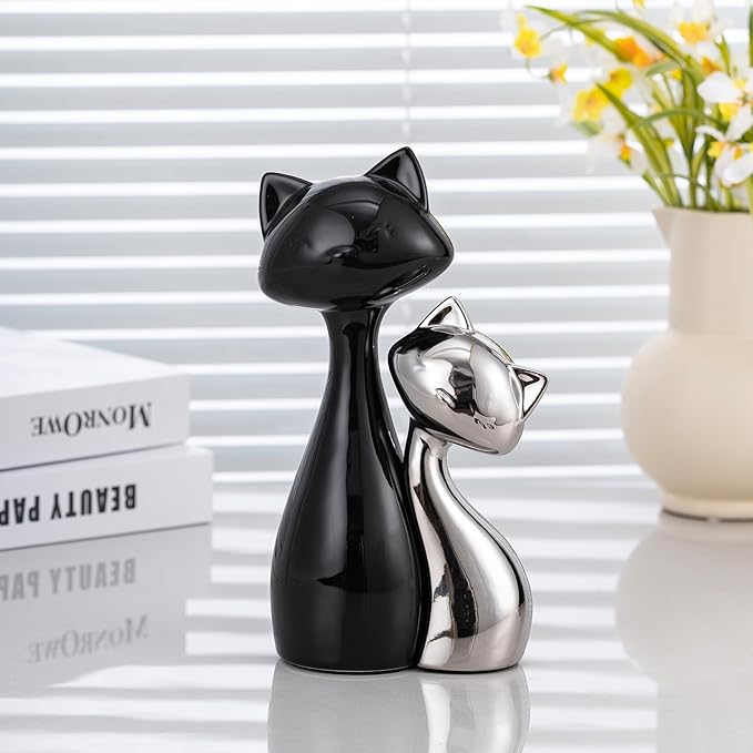 SURE YUESI Ceramic Cat Statue Set, Black & Silver Cute Home Decor Figurines, Lucky Cats Desk Accessories for Cat Lovers, Memorial Cats Themed, Modern Collectible Decor for Bookshelf, Living Room