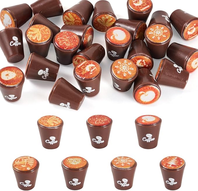 25Pcs Resin Mini Coffee Cups Miniature Kitchen Set Fake Drink Food Brown Coffee Mug Lovely Tableware Dollhouse Miniature Things Ornaments for Halloween Desktop Decorations Crafts 15x17mm