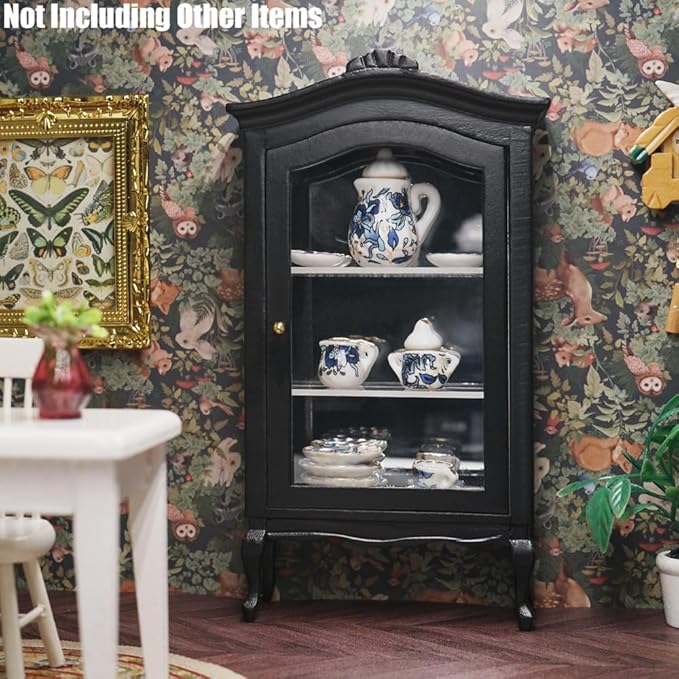 Odoria Dollhouse Curio Cabinet Miniature: 1/12 Scale Display Bookcase for Victorian Living Room - Mini Vintage Storage Shelf with Mirror - Tiny Wood Black Furniture Antique