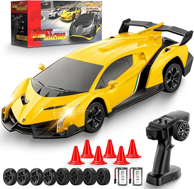 Lamborghini Remote Control Car for Boys 3-7, 1:18 Scale Lambo Toy Car Official Licensed,RC Drift Car 20Km/h with LED Lights, 2.4GHz RC Cars for Adults Boys Girls 8-12 Birthday Gifts (Yellow)