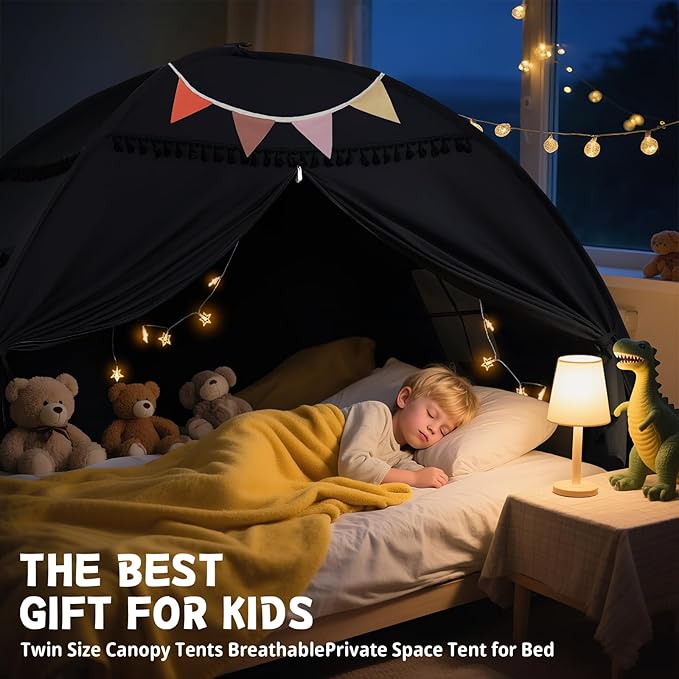 Sumbababy Twin Size Bed Canopy: Lights & Flags Indoor Floor Bed Kids Tent Playhouse - Portable & Foldable Twin Bunk Curtains - Girls & Boys Bedroom Privacy Space Blackout Tents Slumber Gifts (Black)