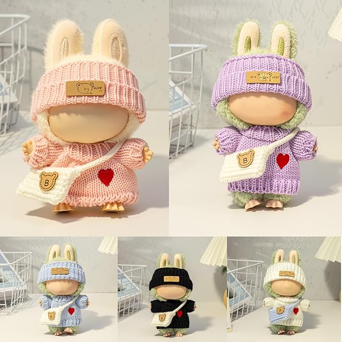 Clothes for LABUBU Doll (NO Doll), Handcrafted Crochet 3-Piece Accessories for LABUBU 17cm Dolls, Premium Outfit - Heart Sweater + Hat + Bag, Cute Clothes for Dress up Unique Style (Blue)