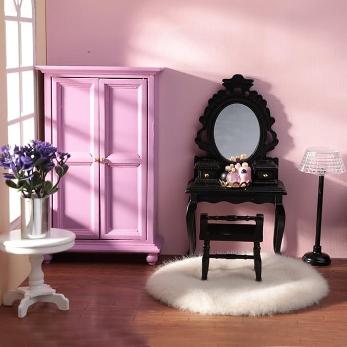 5Pcs 1:12 Dollhouse Wardrobe Furniture Set, Miniature Purple Openable Wardrobe, Dresser with Stool, Floor Lamp & Tiny Accessories for Bedroom Furniture