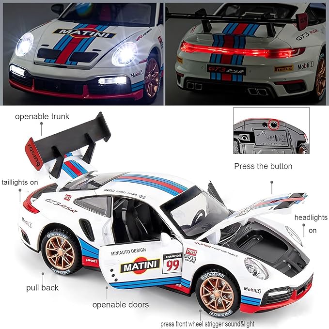 Toy Cars for 911 GT3 RS RSR Turbo S, 1:32 Alloy Diecast Model Cars,Pull Back Car Toy with Light and Sound Gift Sports Race Car for Boys Age 3+ Gifts White