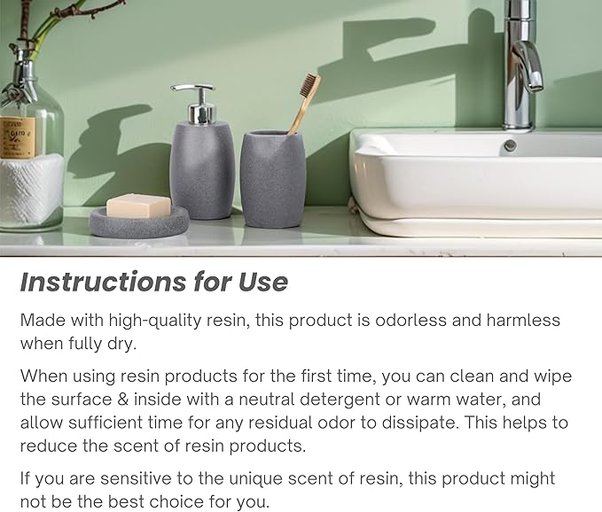 Clasin Home Grey Bathroom Accessories Set 3 PC, Resin Sandstone Look Soap Dispenser, Toothbrush Cup, Soap Dish, Bathroom Soap Dispenser Set for Home Decor and Kitchen