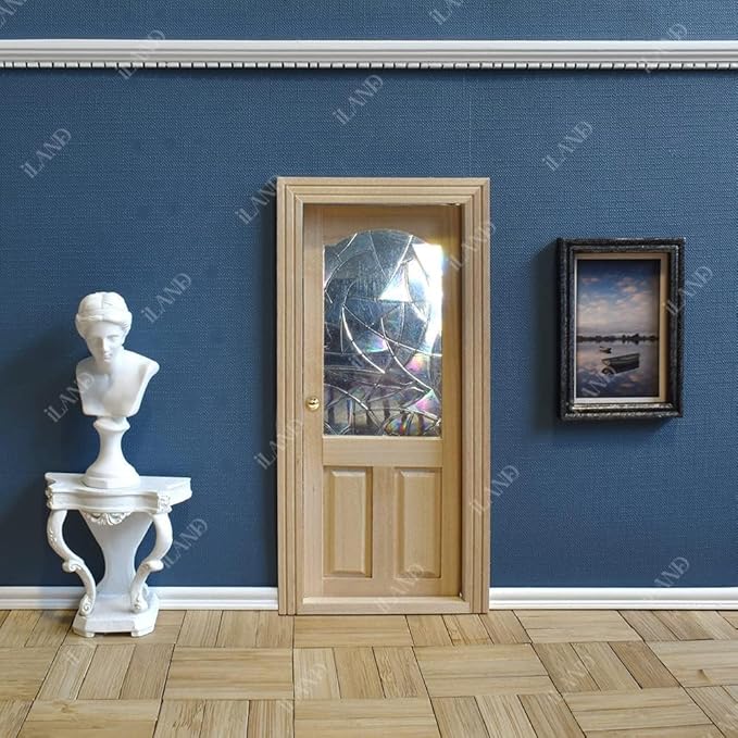 iLAND Dollhouse Door on 1:12 Scale, Miniature Door w/ 3D Windowpanes Reflecting Rainbow Light & Handles