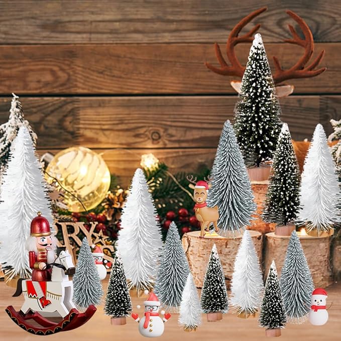 Yahpetes Artificial Mini Christmas Trees, 30 Pcs Sisal Snow Pines in 5 Sizes, Crafting Displaying Decoration, Tabletop Xmas Tree for Home, Party (Silver/White/Green)