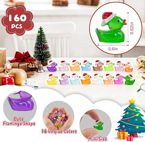 160Pcs Christmas Mini Resin Ducks Luminous Miniature Xmas Hat Animals Glow in The Dark Bulk for Micro Fairy Garden Dollhouse Decor Small Party DIY Slime Kit Prank Game Tiny Figure