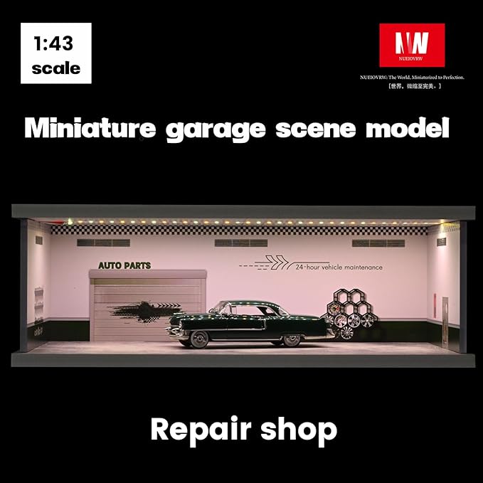 1/43 Diorama Display Case with Tri-Colour Dimmable Lighting, Fits for Hot Wheel Matchbox Mini GT Diecast Cars Model,1:43 Car Garage Parking Lot Scene Display Storage (Repair Shop)