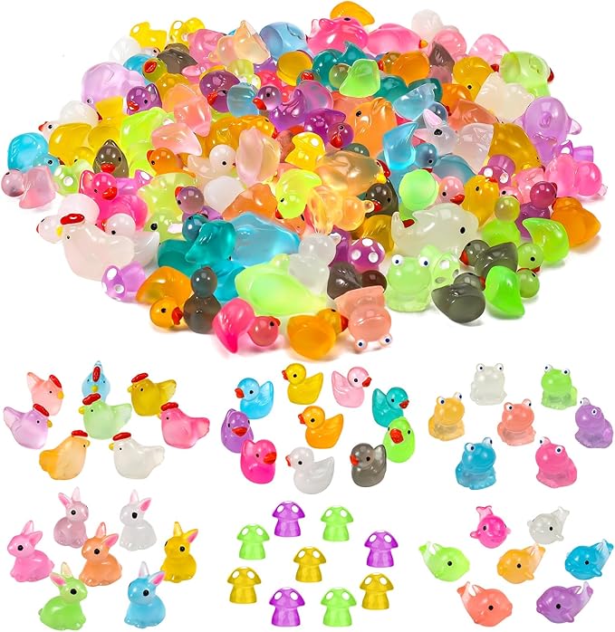 135 PCS Luminous Mini Resin Ducks Tiny Glow in The Dark Duck/ Chickens/ Rabbit/ Frogs /Dolphin /Mushroom/ 6 Combination Sets Resin Miniature Animals for Micro Landscape Dollhouse Garden Decoration