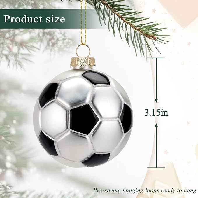3.15” Christmas Soccer Ball Glass Blown Ornament, 2025 Hand-Painted Small Mini Sports Ball Decoration for Boys and Girls, Xmas Tree Holiday Decor Kids Themed Party Gifts