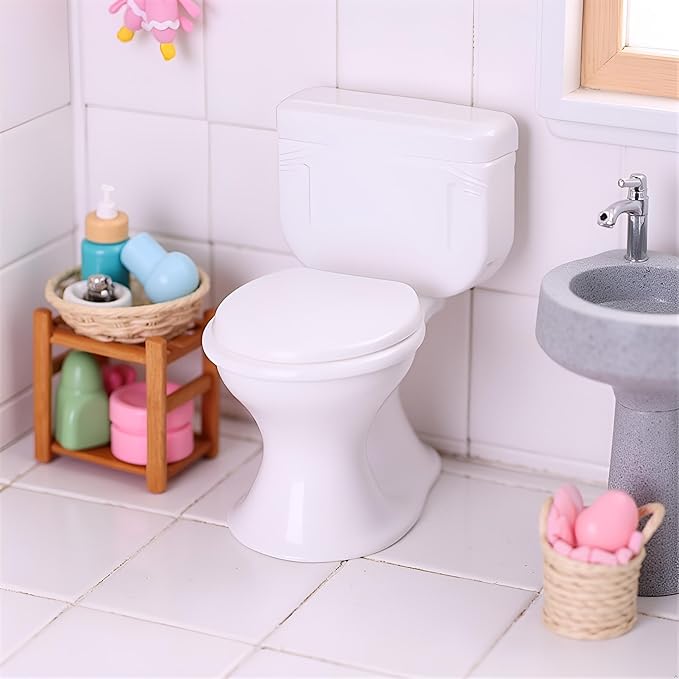 White Dollhouse Miniature Furniture Vintage Bathroom Model Toilet Baby Pretend, DIY Micro Scene Decor