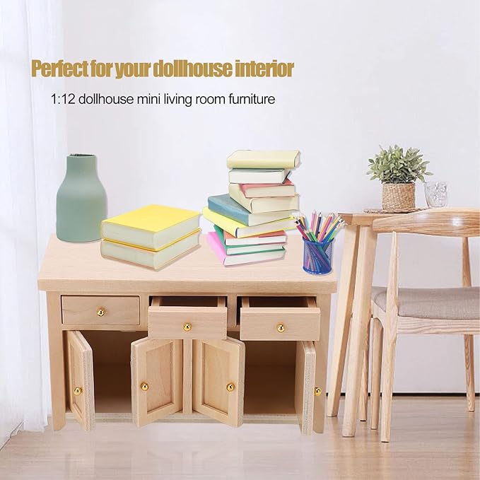 1:12 Scale Birch Dollhouse Storage Cabinet - Miniature Living Room Furniture for Dollhouses (Wood Color)