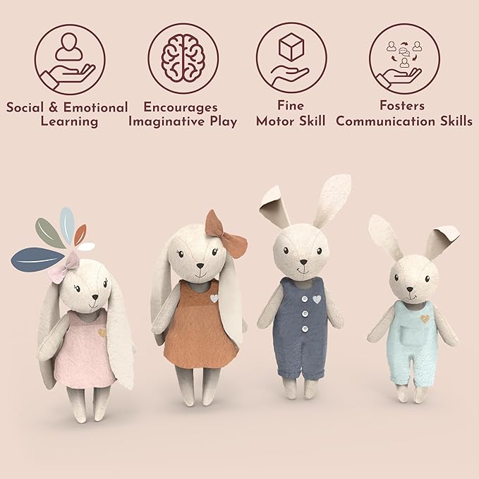 SPEEDY MONKEY Rabbit Family Set – Miniature Bunny Figures with Parents & 2 Baby Rabbits – Pretend Play Doll House Family for Kids, Toddlers, Girls – Cute Dollhouse Decor Toy