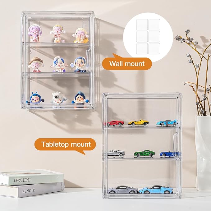 2 Pack Clear Display Case for Figures, Wall-Mounted Acrylic Storage Organizer Box, Stackable Display Cabinet with Magnetic Door & Removable Shelves, Showcase for Collectibles, Anime Figures