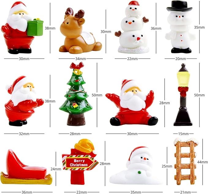 12 Pcs Mini Christmas Figurines – Resin Santa, Snowman, Reindeer & Xmas Decor Set for Miniature Scenes, Crafts, Dollhouse Ornaments & Holiday Table Decorations