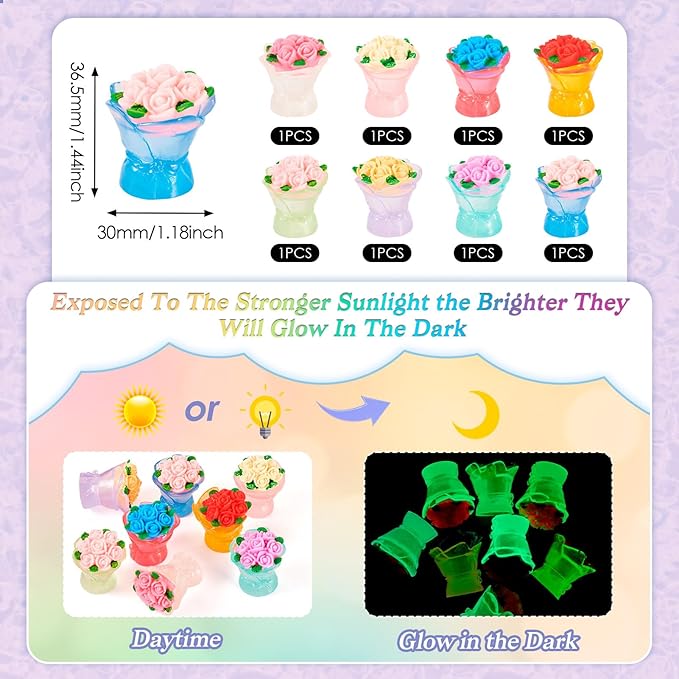 BB Beadthoven Beathoven 8Pcs Glow in The Dark Rose Flowers Ornaments Assorted Colors Luminous Resin Miniature Flowers Figurines for Dollhouse Fairy Garden Landscape Dollhouse Car Decorations