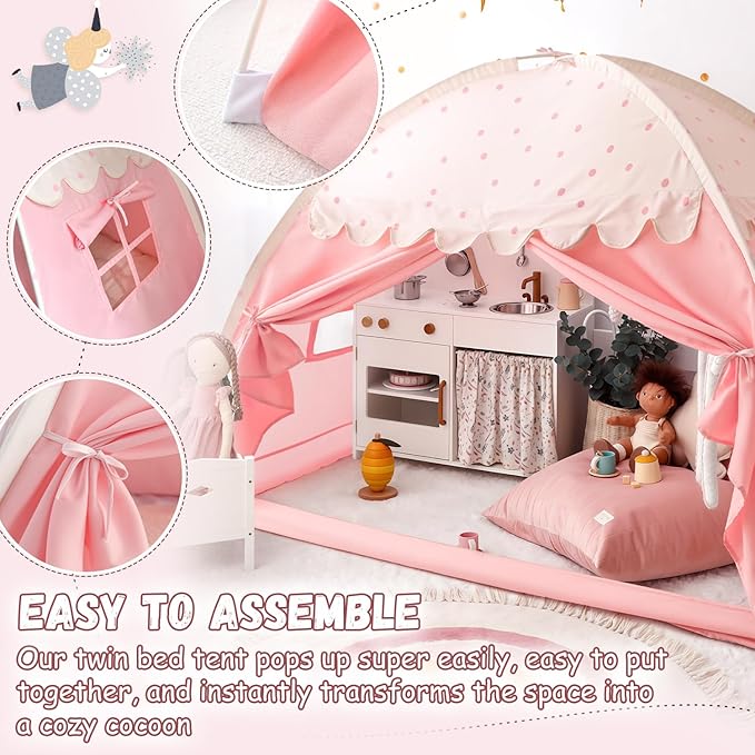 Sherilyn Twin Bed Canopy Tent Toddler, Kids Bed Canopy Indoor on Bed Privacy Space Playhouse Sleeping Blackout Twin Size Tents Bunk Bed Tent for Girl Birthday House Gift, Pink Polka Dot