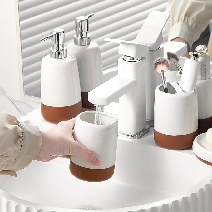 MALACASA Ceramic Bathroom Accessories Sets, 4 PCS,Soap Dispenser, Toothbrush Holder, Toothbrush Cup and Soap Dish, Durable Bathroom Sink Set for Modern Home Decor,Gift Set, Khaki White