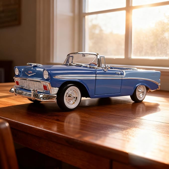 1956 Chevrolet Bel Air Alloy Model Car - 1:18 Scale Classic Lowrider Style Replica with Hydraulic Suspension Display & Custom Wheels - Collector's Edition for Display & Gifting（Blue）