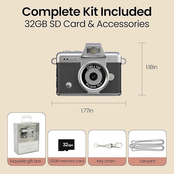 Mini Keychain Camera, 2K Retro Digital Camera with 1.47‘’ Flip Screen & Built-in Flash for Selfies - Includes 32GB SD Card, Strap - Perfect for Travel, Concert, Vlogging