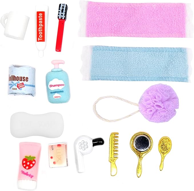 15 PCS Mini Bath Accessories for Dollhouse Decoration, Miniature Toothpaste Toothbrush Bath Sponge Duck