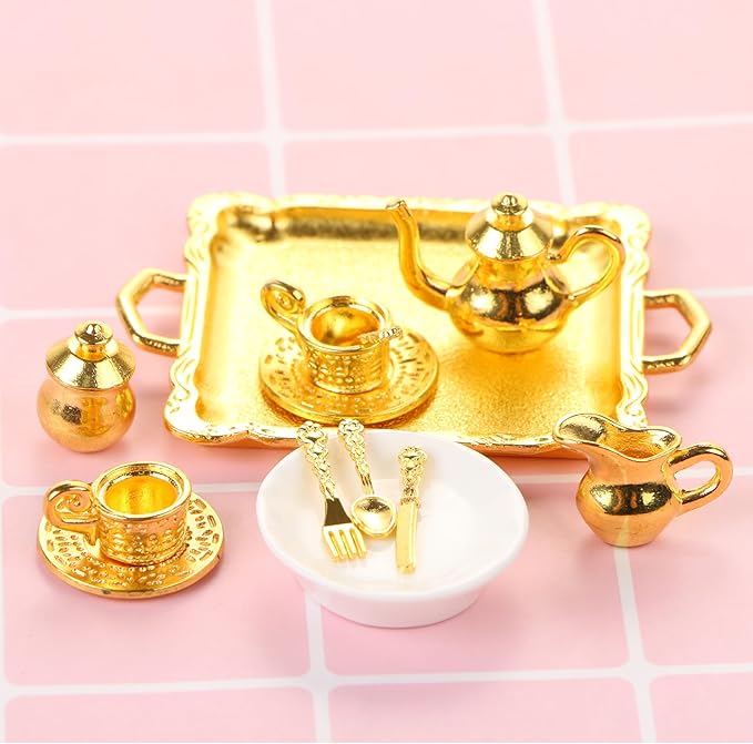 24 Pieces Mini Tea Set Golden Metal Dollhouse Miniatures Tiny Tea Set Mini Doll Plates Knife Fork Spoon for Dollhouse Furniture and Kitchen