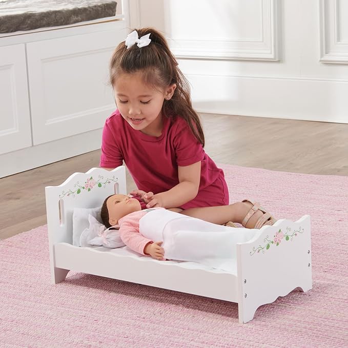 Badger Basket Wooden Doll Bed with Blanket and Pillow with Free Personalization Kit - Fits 18" to 20" Dolls - Ideal for Baby Dolls and Pretend Play Fun - White and Pink Rose Design