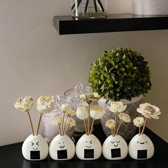 5 PCS Mini Flower Vase, Handmade Japanese Onigiri Rice Ball Mini Vases for Dry Flowers, Cute Small Bud Vases Set, Kawaii Decor Small Ceramic Vase, Cute Ceramic Little Trinkets for Bookshelf Decor