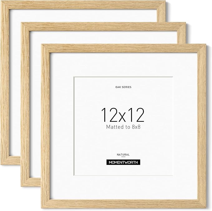 Momentworth 12x12 Frame with Mat for 8x8 set of 3, Solid Oak Wood 12x12 Picture Frame with Tempered Glass for Horizontal & Vertical Wall Mounting(3 Pack,Oak)