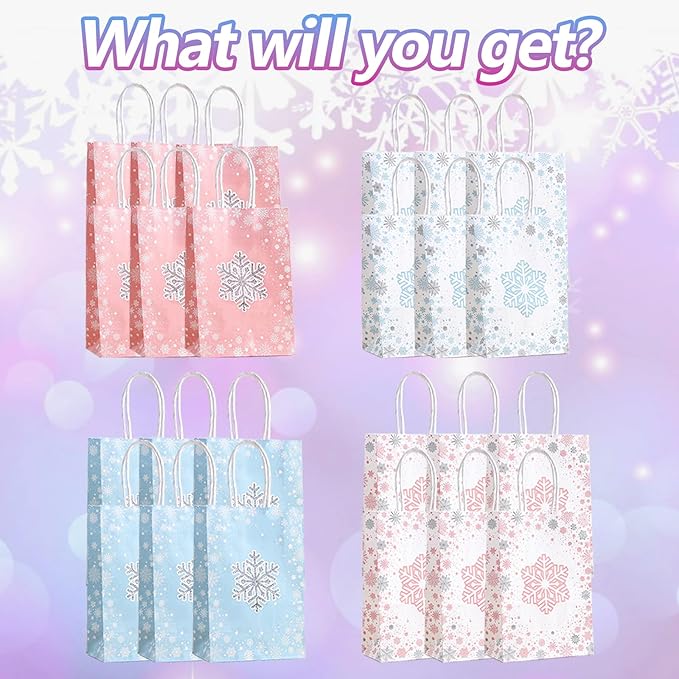 CZWXOXO 24 Pieces Snowflake Party Favors Bags Bulk with Handles Winter Frozen Reusable Paper Gift Bags Winter Treat Goodie Candy Bags for Snowflake Christmas Birthday Holiday Party Supplies