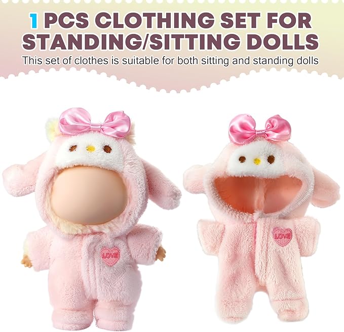 Clothes for LABUBU Doll (NO Doll), Pink Bunny Plush Jumpsuit Accessories for LABUBU 17cm Dolls, Premium Fashion Outfit for LABUBU - Cute Clothes for Dress up Unique Style