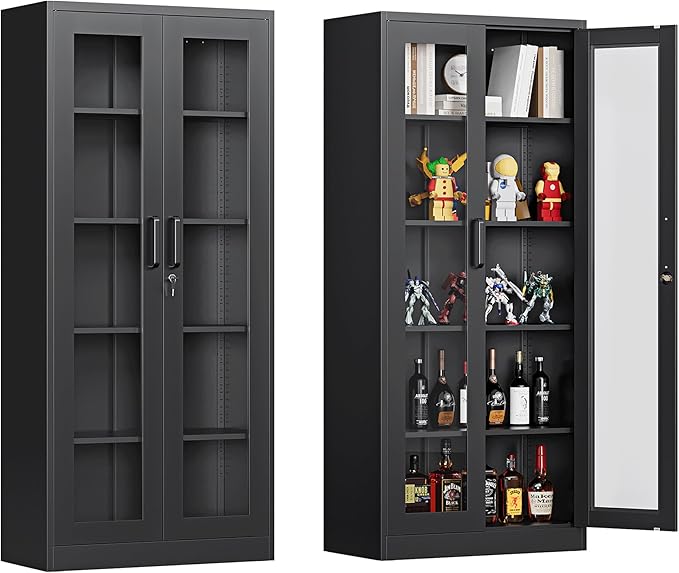 Display Cabinet with Glass Doors, Display Case Cabinet for Collectibles, Curio Display Cabinet with 4 Adjustable Shelves, 71"" Glass Display Cabinet for Home Office (Black), MSC-0818